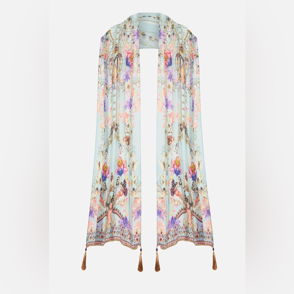 Camilla “Love Web” blue silk floral boho scarf shawl headwrap belt top